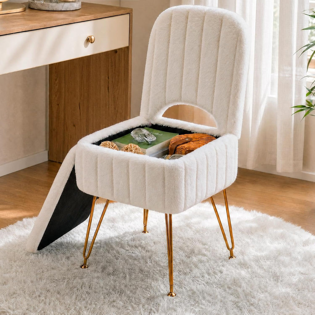 Garvee Vanity Stool Chair with Backrest & Storage,Faux Fur,White,Small | Hidden Storage Compartment, 280 Lbs Capacity, Soft Square Ottoman, Modern Style for Bedroom or Living Room