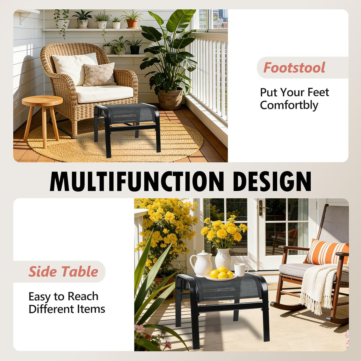 Patio Outdoor Ottoman 2 Set, Modern Footstools Textliene Metal Foot Rest Black