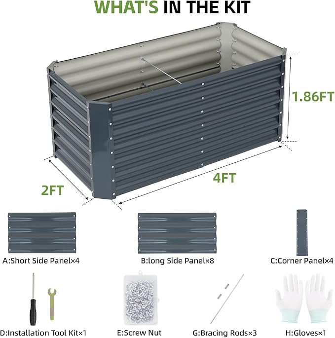 4x2x1.86ft Raised Garden Bed - Galvanized Deep Root Planter Boxes Outdoor with Wing Nuts and Safety Edges for Gardening Vegetables, Flowers, Herbs, Succulents - Gray