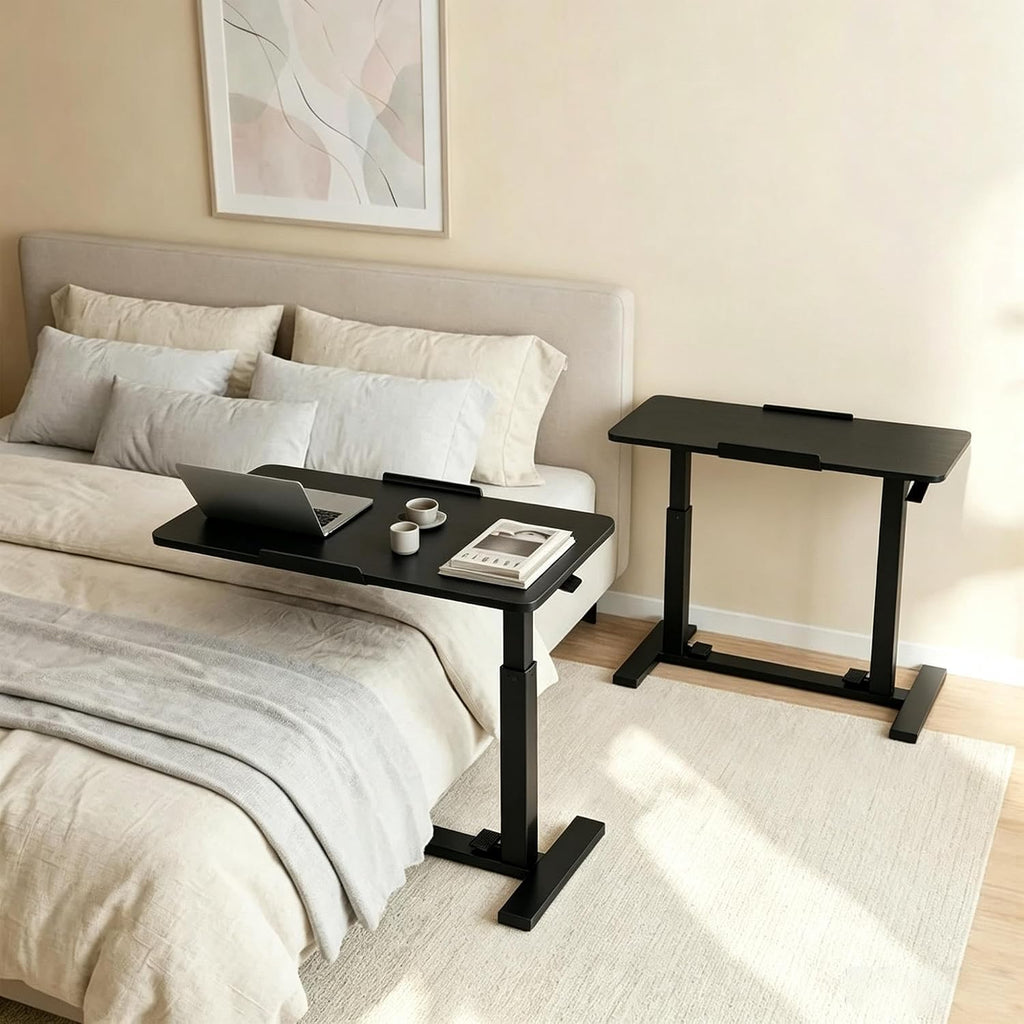 Adjustable Overbed Table with Gas Spring Tilting Desktop, Pneumatic Height Adjustment, H-Base Frame and Hidden Swivel Casters(Dual-sideflip-Black)
