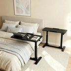 Adjustable Overbed Table with Gas Spring Tilting Desktop, Pneumatic Height Adjustment, H-Base Frame and Hidden Swivel Casters(Dual-sideflip-Black)