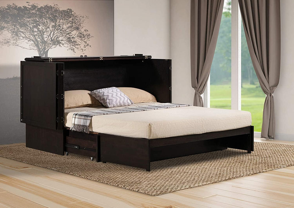 Daily Delight Murphy Cabinet Chest Bed with Charging Station & 6" Memory Foam Mattress, Queen (Java)