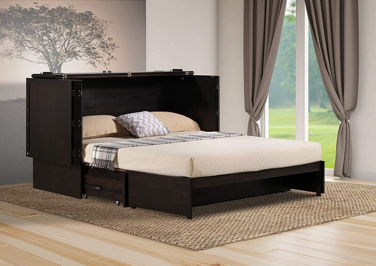 Daily Delight Murphy Cabinet Chest Bed with Charging Station & 6" Memory Foam Mattress, Queen (Java)