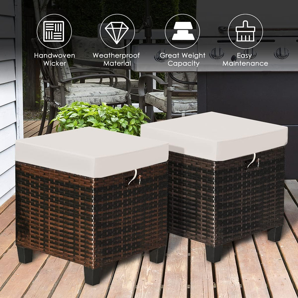 Patio Ottoman Outdoor Rattan Wicker Ottoman Seat, 2 Pieces All Weather Footstool Footrest Seat with Removable Cushions, Outdoor Ottoman Set for Patio, Porch, Poolside (Brown)