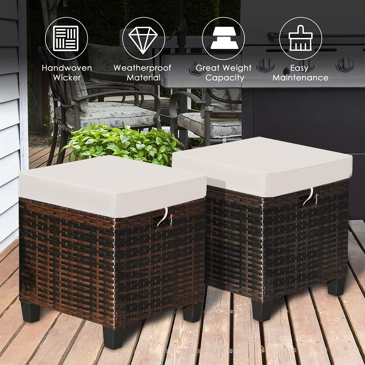 Patio Ottoman Outdoor Rattan Wicker Ottoman Seat, 2 Pieces All Weather Footstool Footrest Seat with Removable Cushions, Outdoor Ottoman Set for Patio, Porch, Poolside (Brown)