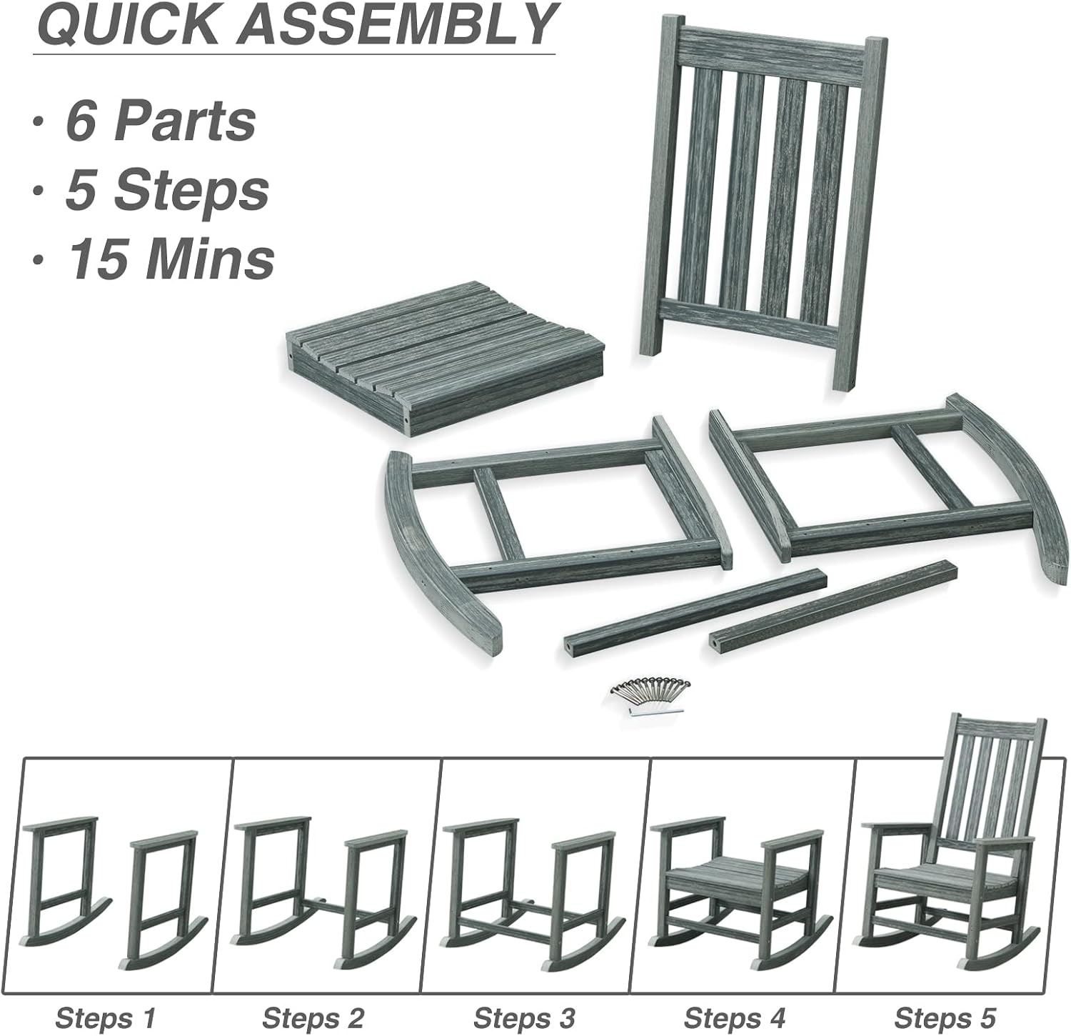 Oversized Outdoor Rocking Chair, HDPE 350lbs Heavy Duty Porch Rocker with High Back, All Weather Resistant Patio Rocking Chair for Lawn, Garden & Deck (Grey)