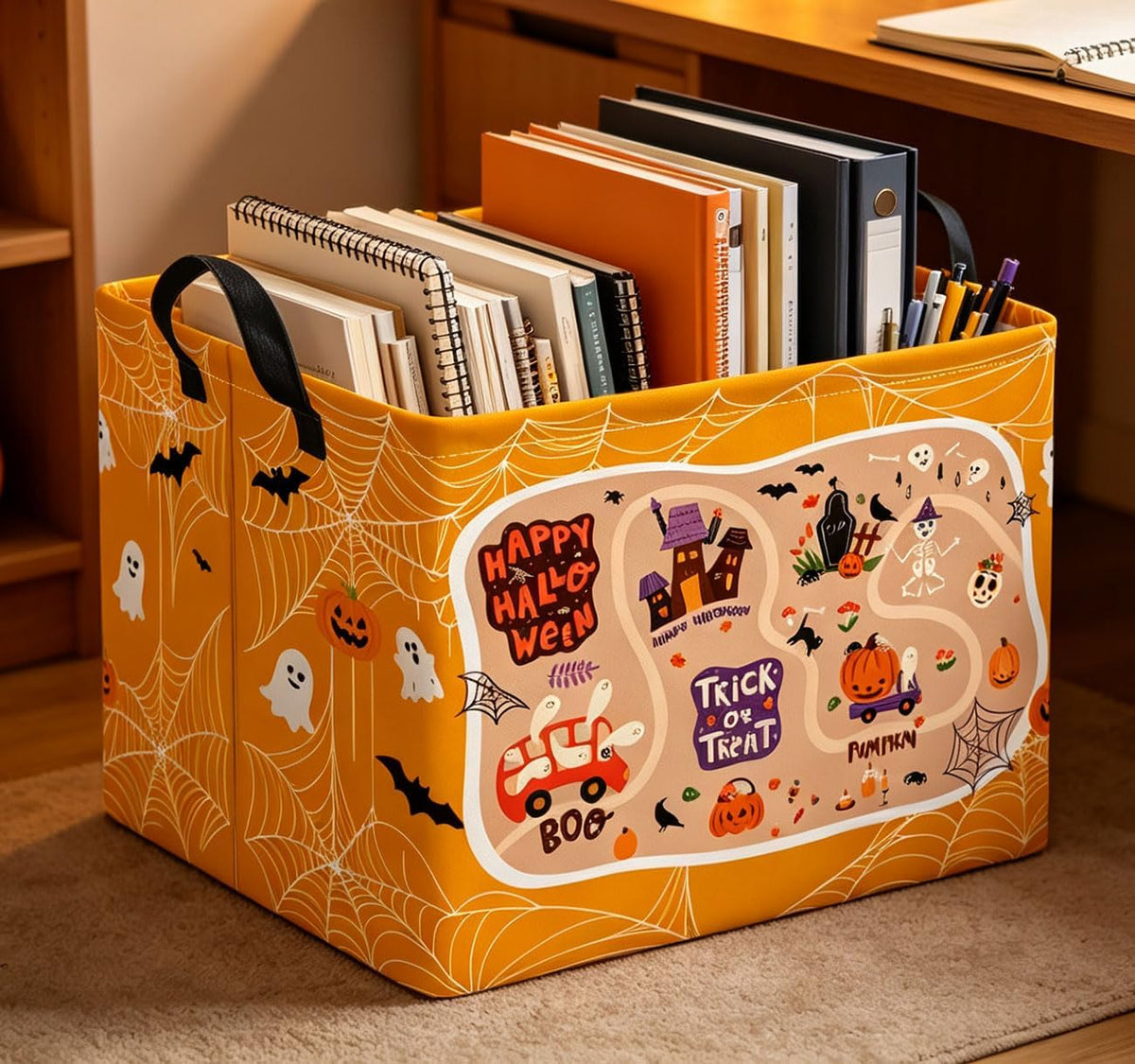 Rectangle Storage Basket,Gift Basket,Room Decor(White Web Halloween)
