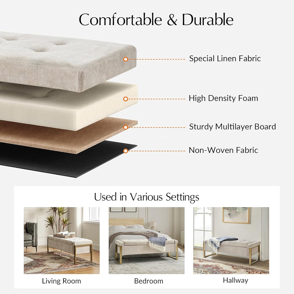 Modern Storage Ottoman Bench with Gold Metal Legs Upholstered Footrest End-of-Bed Bench with Hidden Storage, Hallway and Entryway Beige