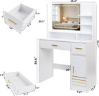 35.4" W Vanity Desk with Power Outlet Mirror and LED Lights Heavy Duty Makeup Vanitys Table with 2 Drawers & 3 Open Shelves & 1 Cabinet Storage for Bedroom Dressing, White