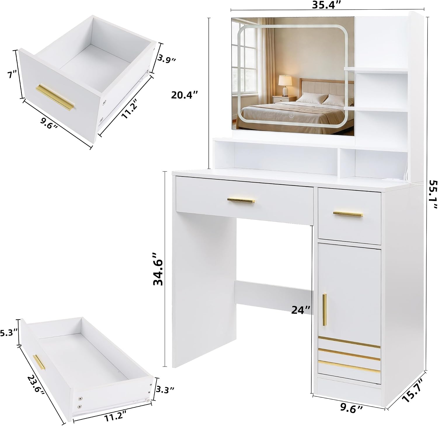 35.4" W Vanity Desk with Power Outlet Mirror and LED Lights Heavy Duty Makeup Vanitys Table with 2 Drawers & 3 Open Shelves & 1 Cabinet Storage for Bedroom Dressing, White