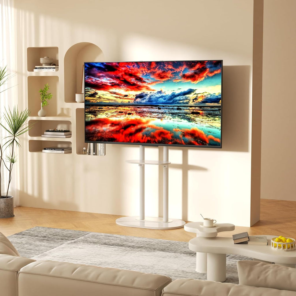 unho White Floor TV Stand with Shelf for 45-75 inch Flat LCD LED Screen TVs | Sintered Stone TV Stands Height Adjustable Heavy Base Standing TV Mount VESA 600x400 for Restroom Meeting Bedroom