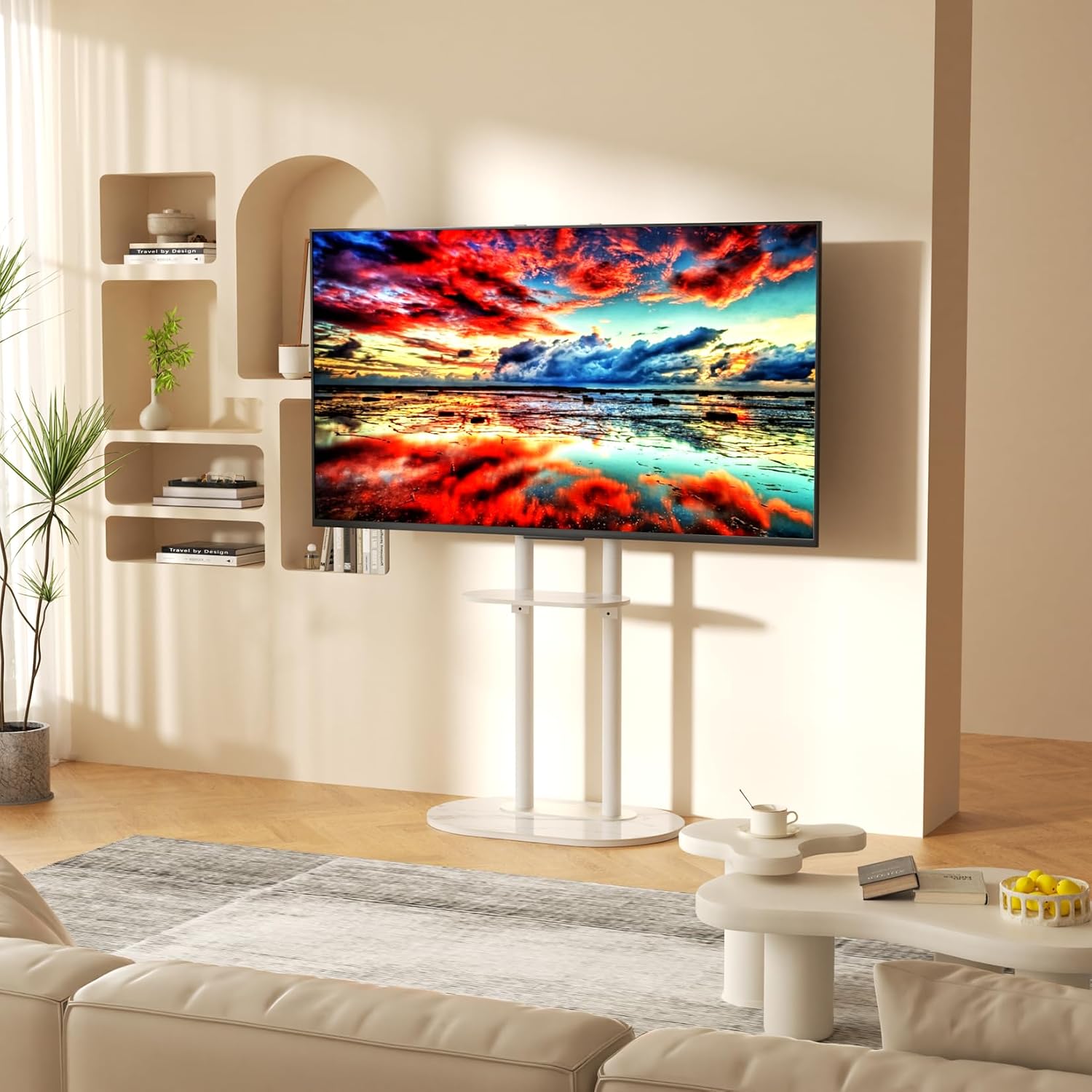 unho White Floor TV Stand with Shelf for 45-75 inch Flat LCD LED Screen TVs | Sintered Stone TV Stands Height Adjustable Heavy Base Standing TV Mount VESA 600x400 for Restroom Meeting Bedroom