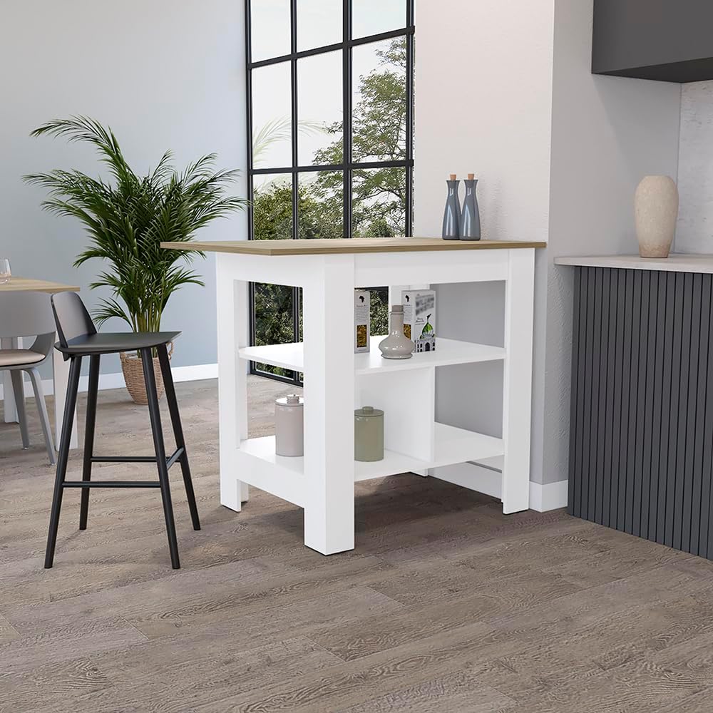 Modern Beige Kitchen Island with Resistant Top and Storage Shelves | Three low open shelves for extra storage space