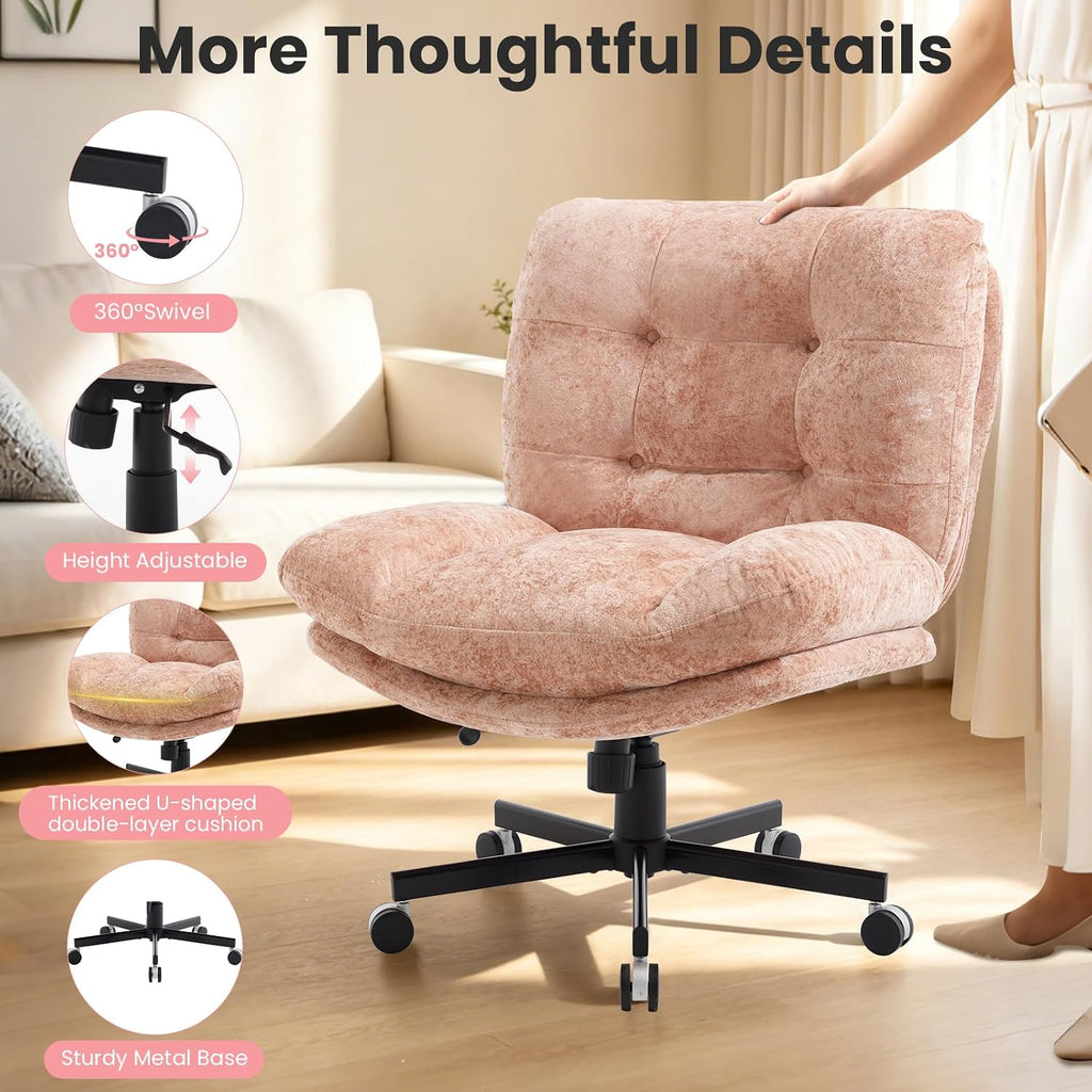 Wide Plush Comfy Criss Cross Rolling Office Desk Chair for Women Pink | 7.09" Thick Cushion, 90-130° Rocking, Height Adjustable, Swivel, Oversized Fabric Reading Chair for Living Room Bedroom