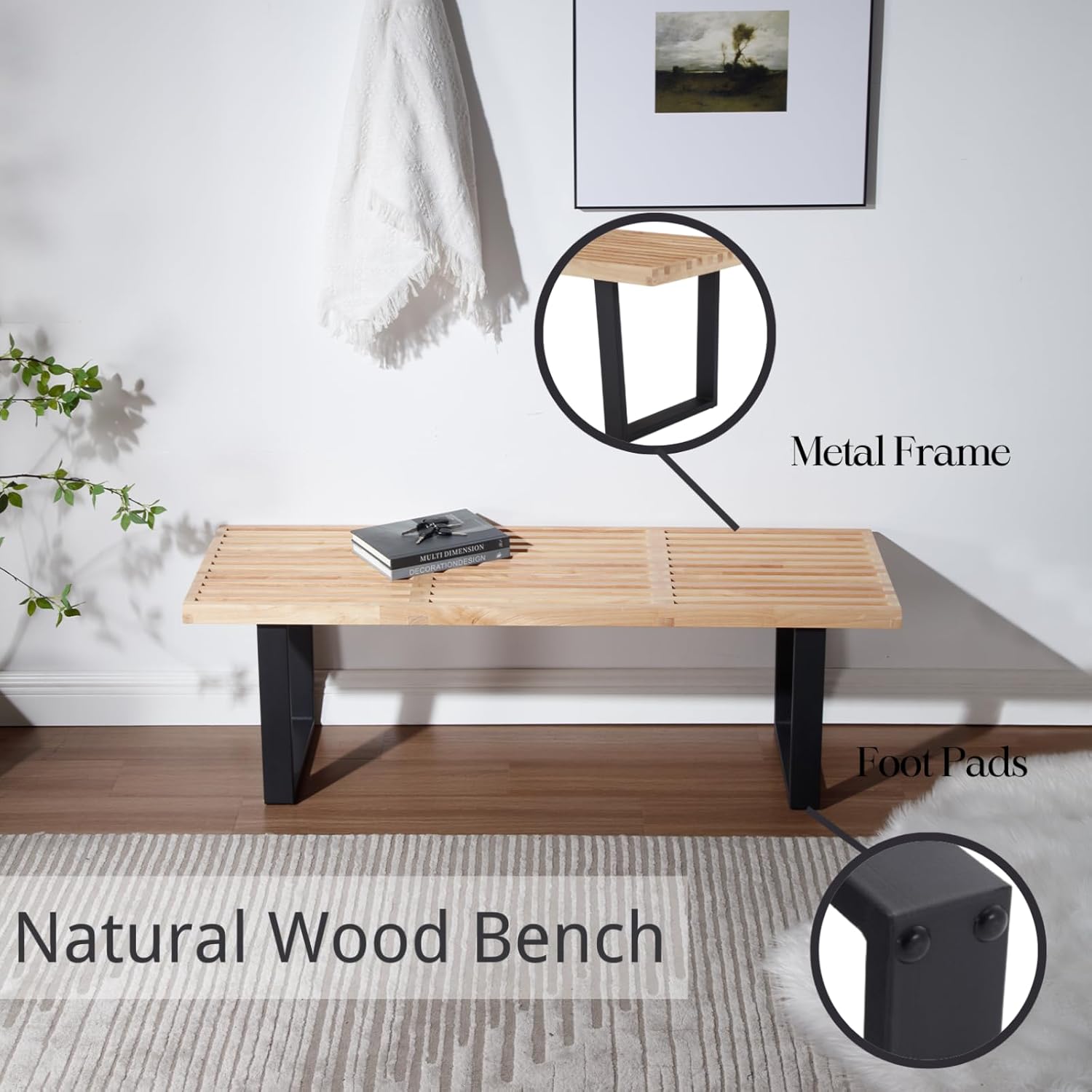 55" Natural Wood Entryway Bench, Industrial End of Bed Bench for Bedroom, Nelson Wooden Dining Bench with Black Metal Frame, Long Bench Ottoman Bench for Living Room Foyer Indoor Hallway