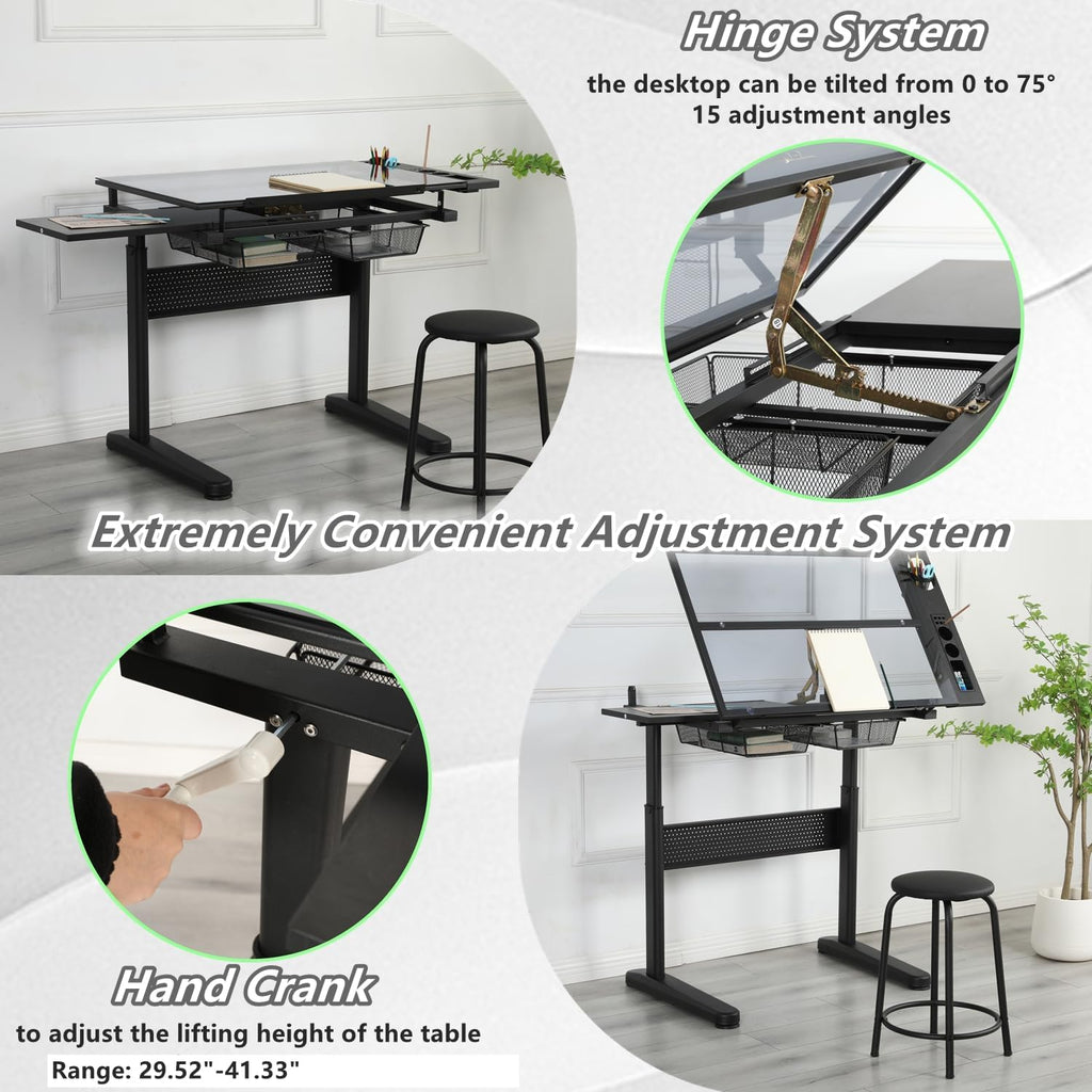 Drafting Desk with Stool, Upgraded Hand Crank Adjustable Height Art Table with Storage, 0-75° Tilting Glass Tabletop Drawing Table for Artists, Ergonomic Design for Painting, Sketching, Black