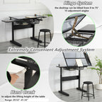Drafting Desk with Stool, Upgraded Hand Crank Adjustable Height Art Table with Storage, 0-75° Tilting Glass Tabletop Drawing Table for Artists, Ergonomic Design for Painting, Sketching, Black