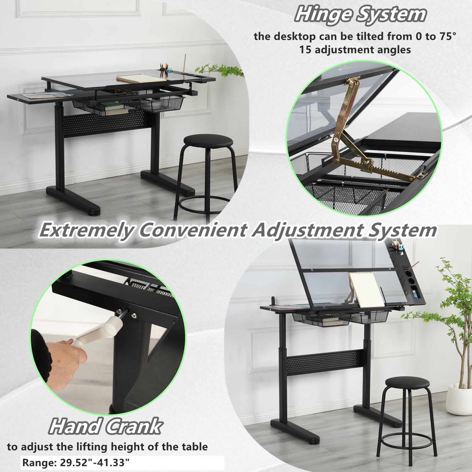 Drafting Desk with Stool, Upgraded Hand Crank Adjustable Height Art Table with Storage, 0-75° Tilting Glass Tabletop Drawing Table for Artists, Ergonomic Design for Painting, Sketching, Black