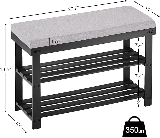 Apicizon 3-Tier Shoe Rack for Entryway, Bamboo Shoe Bench with Cushion Padded Seat, Small Shoe Organizer with Storage for Indoor Entrance Hallway Bedroom Living Room, Black