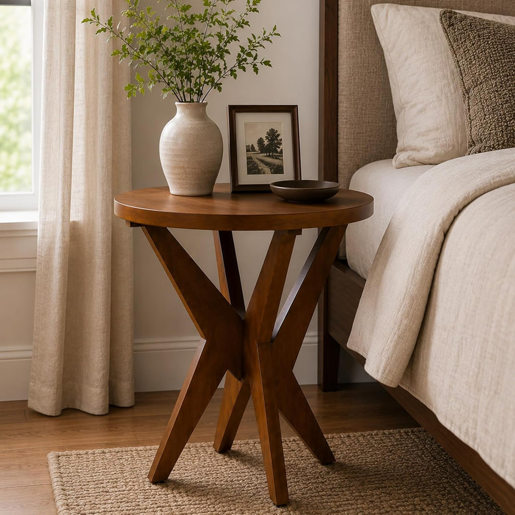Ahokua Mid-Century Modern Round End Table, Walnut Brown Farmhouse Side Table with MDF Top and Crossed Legs for Living Room Bedroom, or Small Spaces