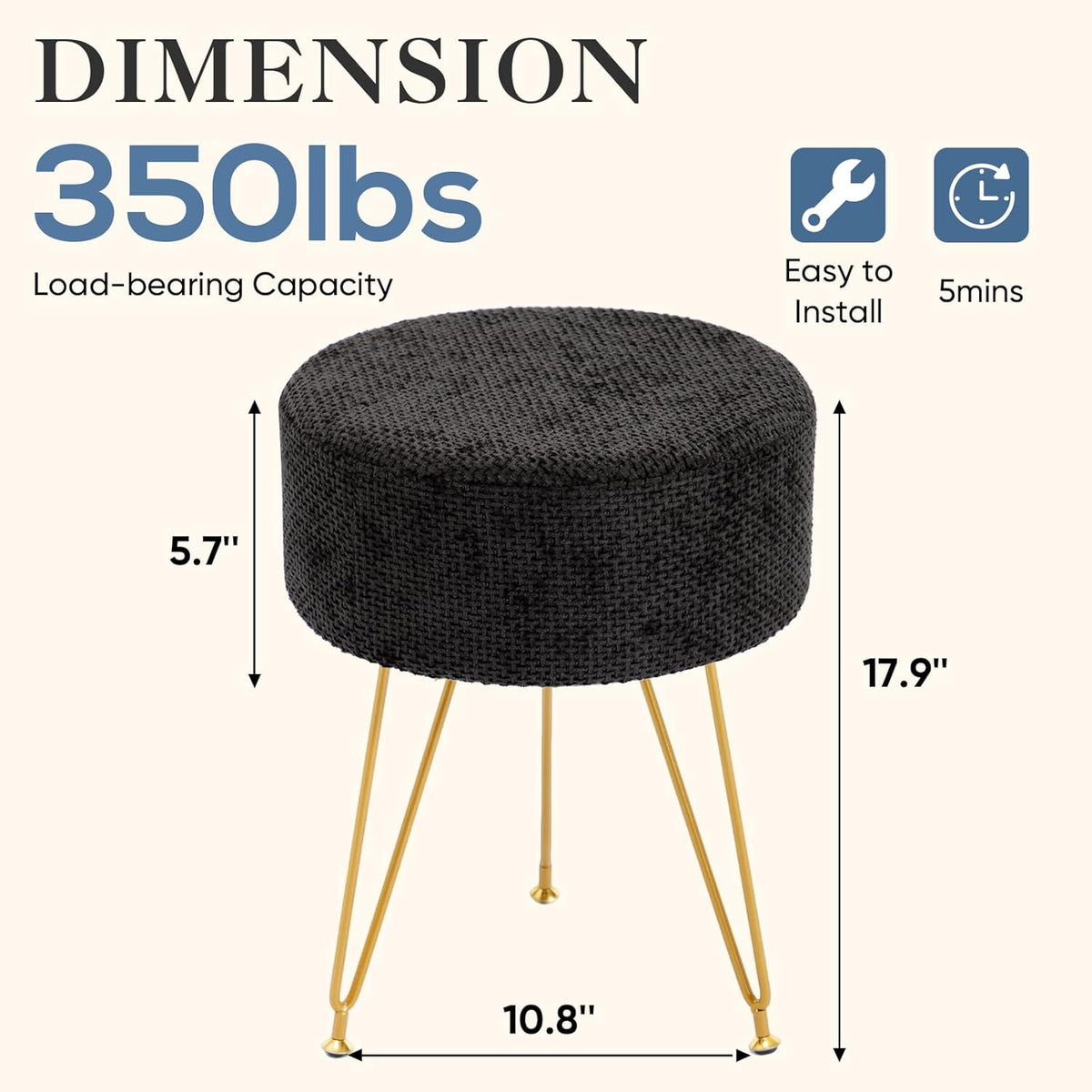 DUMOS Vanity Stool, Velvet Vanity Chair for Makeup Room, Round Ottoman Foot Rest with Gold Metal Legs, Makeup Dressing Table Seat for Bedroom, Living Room, Entryway, Black