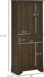 HOMCOM 72" Farmhouse Kitchen Pantry, 4-Door Rustic Storage Cabinet with Drawer and 3 Shelves, Walnut