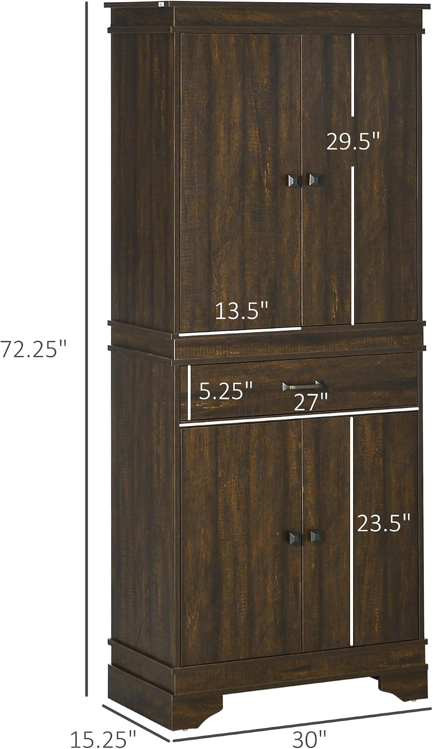 HOMCOM 72" Farmhouse Kitchen Pantry, 4-Door Rustic Storage Cabinet with Drawer and 3 Shelves, Walnut