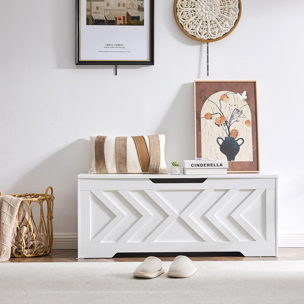 47.2” Storage Bench,Extra Large Wooden Storage Chest with 2 Safety Hinges,entryway Bench,Blanket Storage,Shoe Storage Bench for Entryway,Bedroom,Living Room,Easy Assembly. (White)