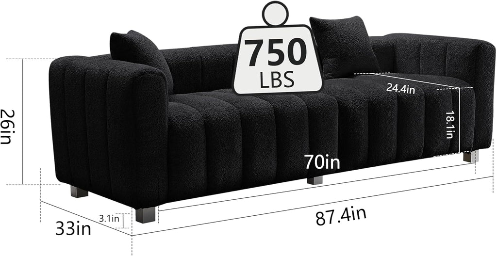 87.4" Modern 3 Seater Sofa Couch for Living Room, Mid Century Fluffy Couches with Solid Wood Frame and 6 Legs for Bedroom, Apartment, Weight Capacity 750 LBS (Black)