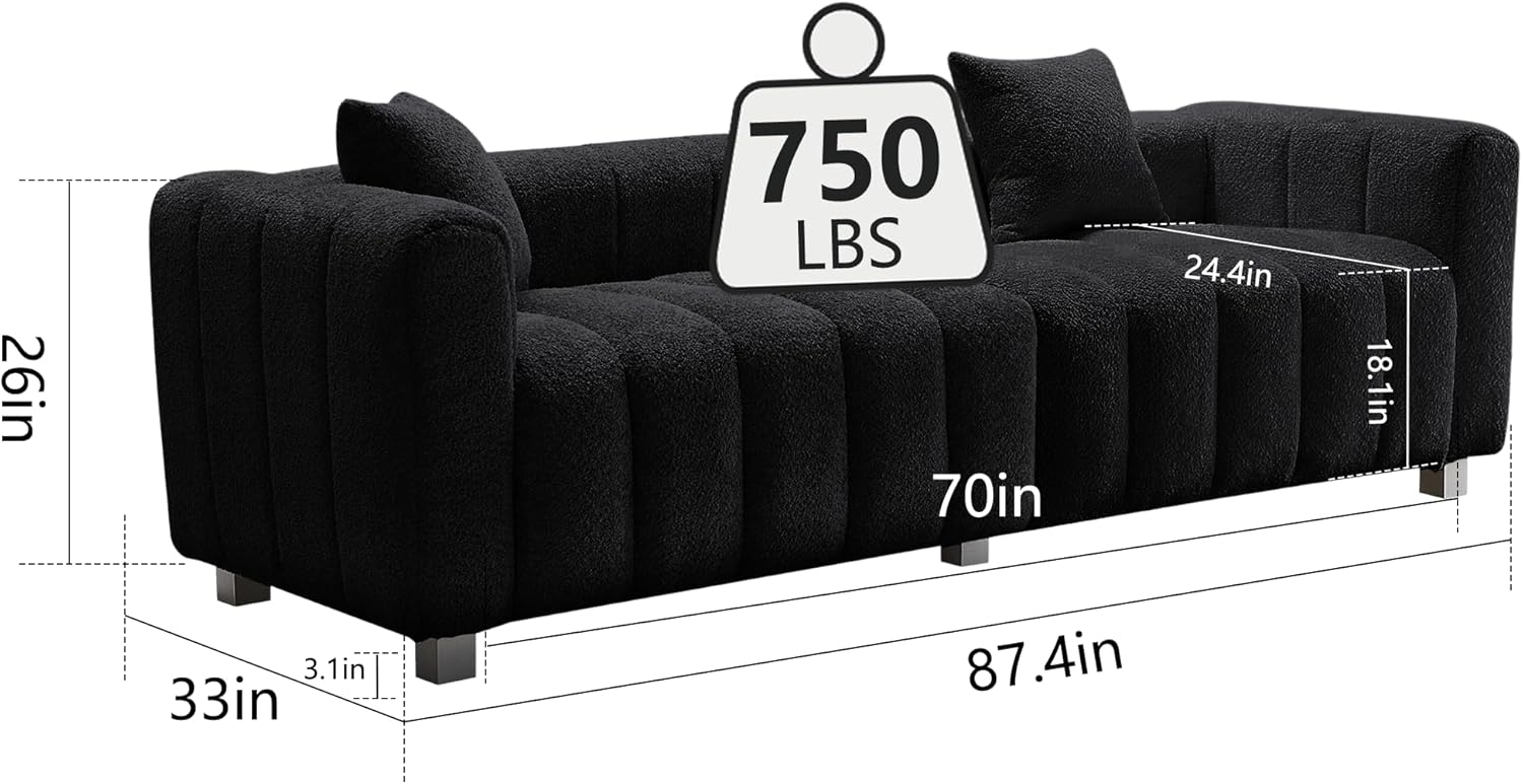 87.4" Modern 3 Seater Sofa Couch for Living Room, Mid Century Fluffy Couches with Solid Wood Frame and 6 Legs for Bedroom, Apartment, Weight Capacity 750 LBS (Black)