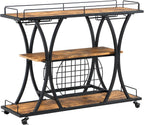 TQVAI Wooden Bar Cart with Wine Rack and Glass Holder, 3-Tier Rolling Bar Serving Cart for Home Bar, Kitchen, Party, Metal Frame, Lockable Wheels, Antique Brown