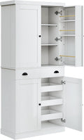 IRONCK 72" Kitchen Pantry Cabinet with Drawer and Sliding Racks, White | White wood pantry cabinet. 6 door shelves. 3 sliding racks. For kitchen, dining room, or hallway.