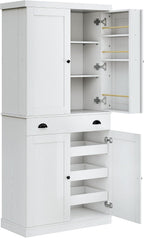 IRONCK 72" Kitchen Pantry Cabinet with Drawer and Sliding Racks, White | White wood pantry cabinet. 6 door shelves. 3 sliding racks. For kitchen, dining room, or hallway.