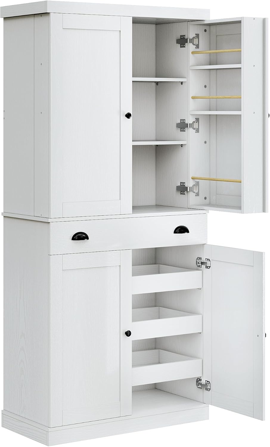 IRONCK 72" Kitchen Pantry Cabinet with Drawer and Sliding Racks, White | White wood pantry cabinet. 6 door shelves. 3 sliding racks. For kitchen, dining room, or hallway.
