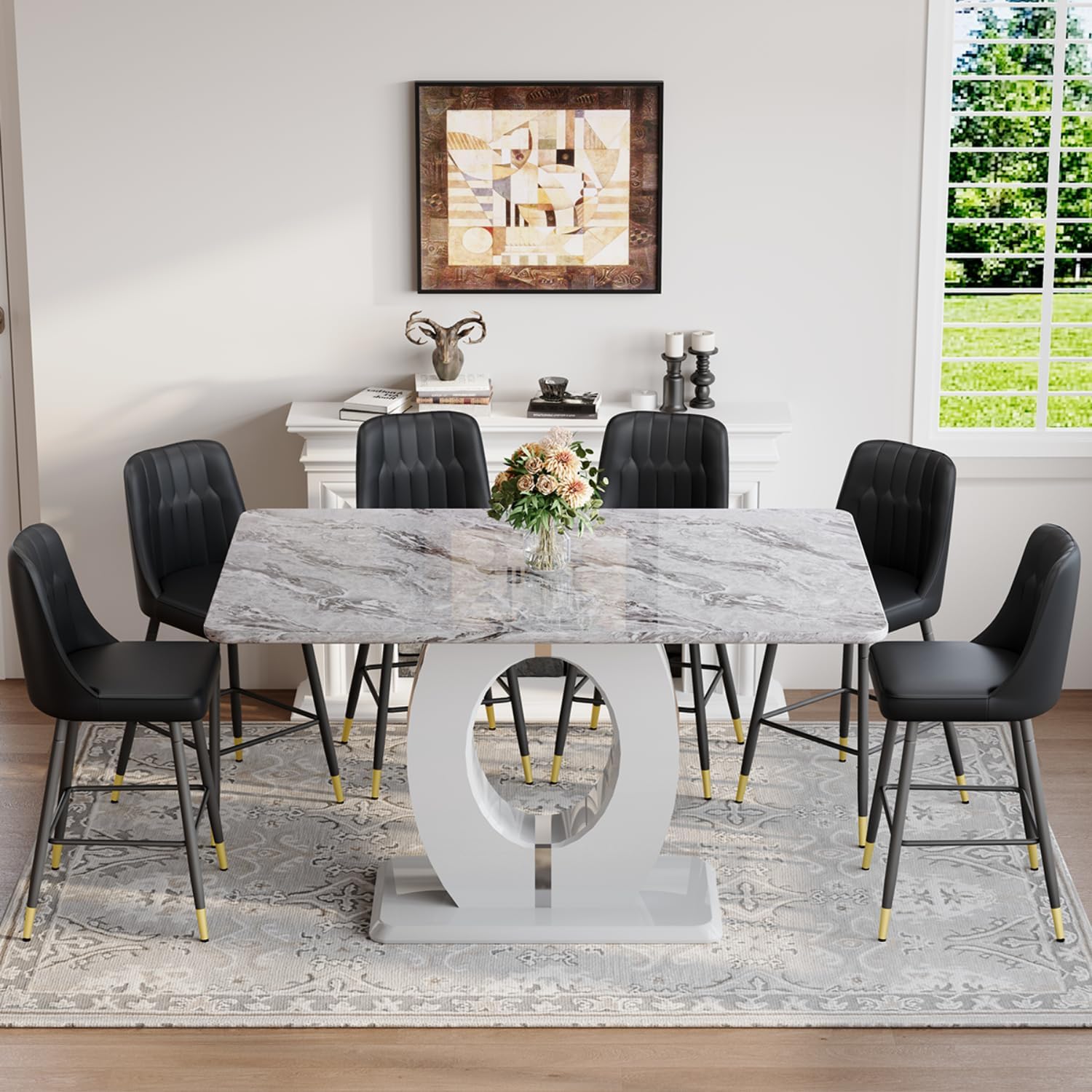 63'' Marble Dining Table Set for 6,Modern Counter Height Dining Table Set,Grey High Top Table with Leather Bar Stools,Bar Height Table Set Ideal for Dining,Pub,Kitchen