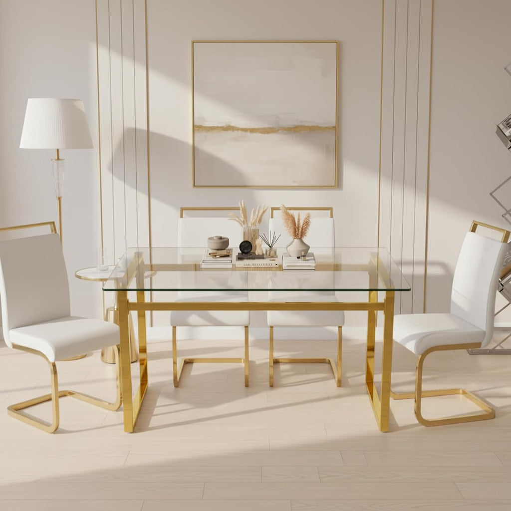51''Glass Dining Table, Modern Rectangle Kitchen Table with Tempered Glass Tabletop and Metal Leg for 4, Writing Table Desk, for Kitchen Dining Living Room (Golden)