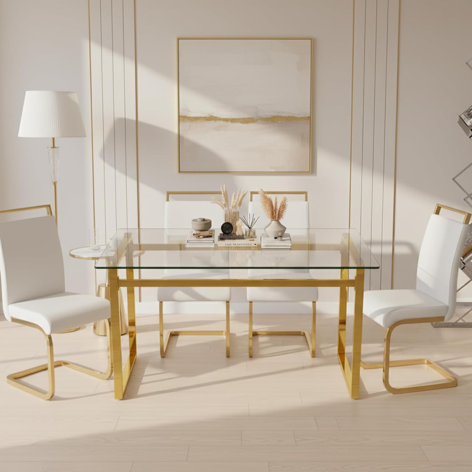 51''Glass Dining Table, Modern Rectangle Kitchen Table with Tempered Glass Tabletop and Metal Leg for 4, Writing Table Desk, for Kitchen Dining Living Room (Golden)