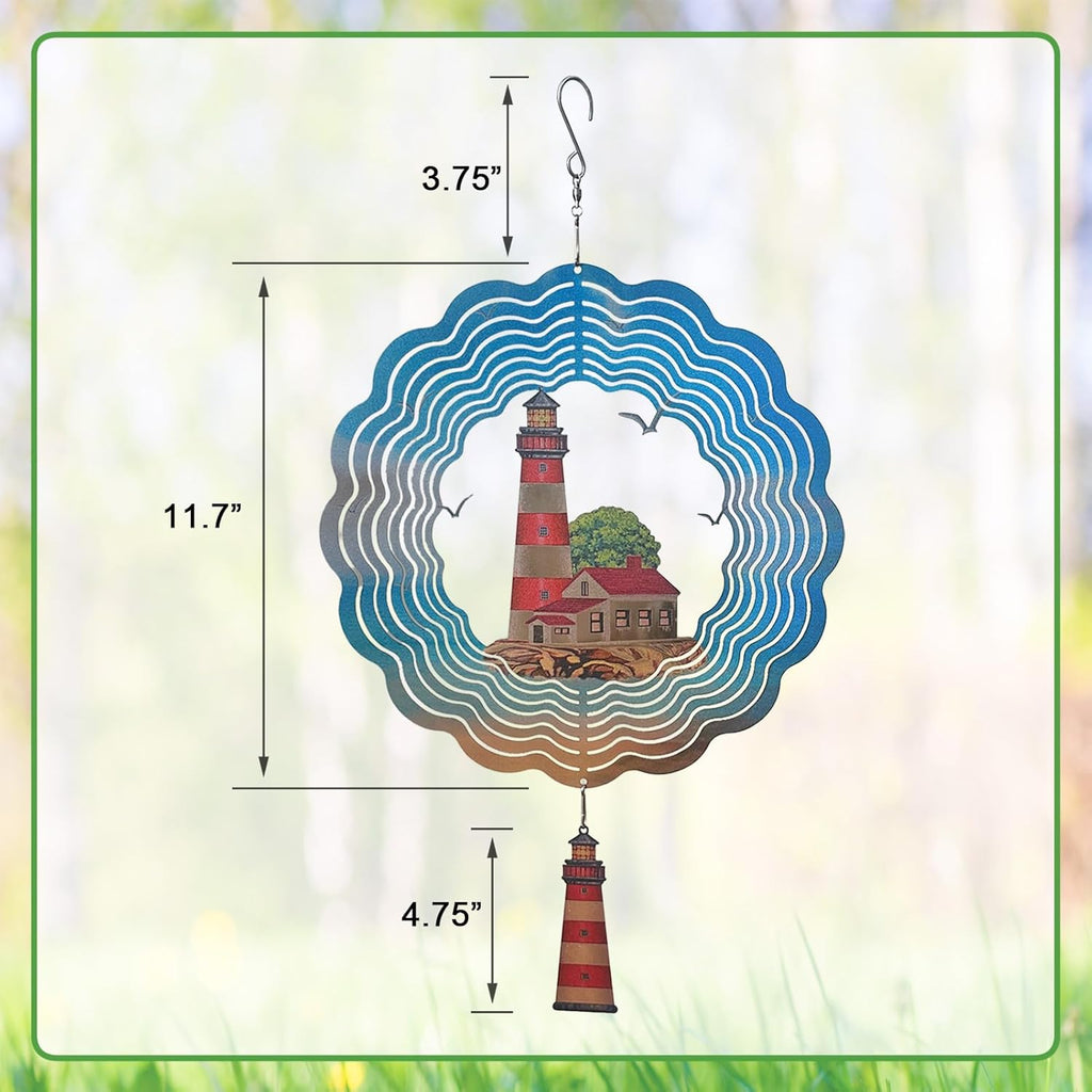 Lighthouse Wind Spinner,Metal Wind Spinners for Outdoor,3D Double Sided Hanging Beach Decor for Indoor,Outdoor,Unique Gifts for Women