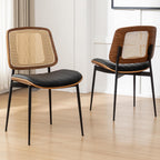 Rattan Dining Room Chairs Set of 4,Mid Century Black PU Leather Kitchen Chairs,Upholstered Seat Metal Legs Chair with Adjustable Foot Pads,Walnut Armless Side Chair