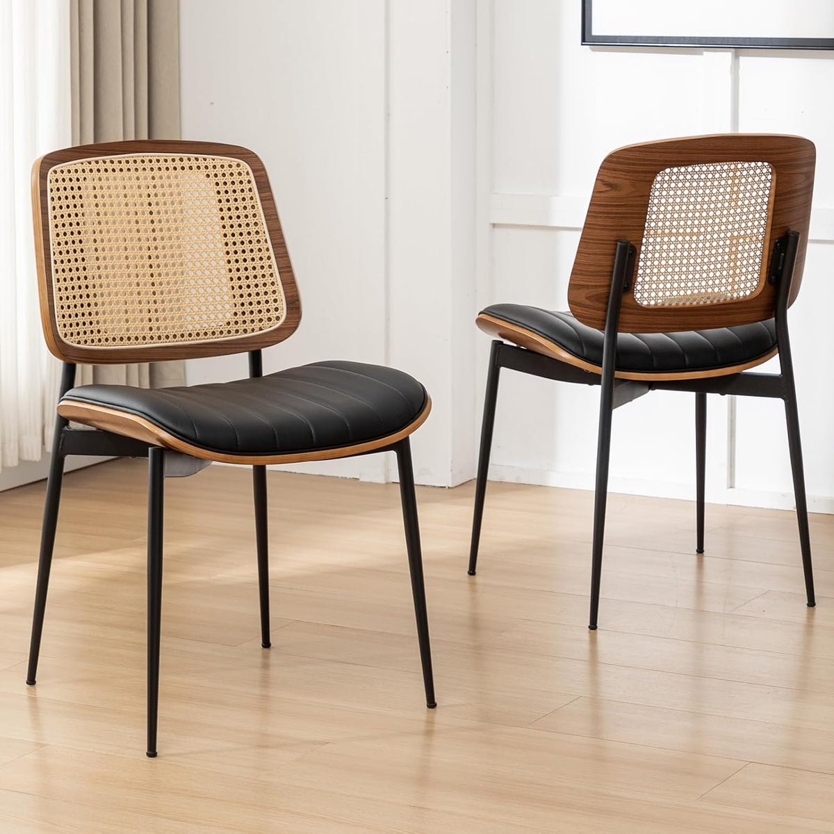 Rattan Dining Room Chairs Set of 4,Mid Century Black PU Leather Kitchen Chairs,Upholstered Seat Metal Legs Chair with Adjustable Foot Pads,Walnut Armless Side Chair
