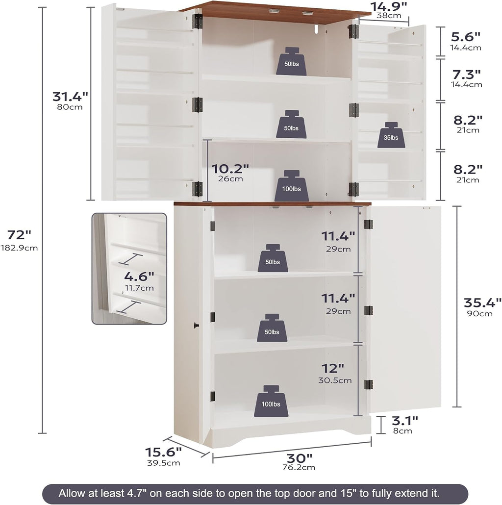 Furnify 72" Tall Kitchen Pantry Cabinet with Door Organizer, White | Farmhouse Rustic Tall Buffet Cabinet with Adjustable Shelves, Freestanding Storage Cupboard for Kitchen Dining Room Bathroom