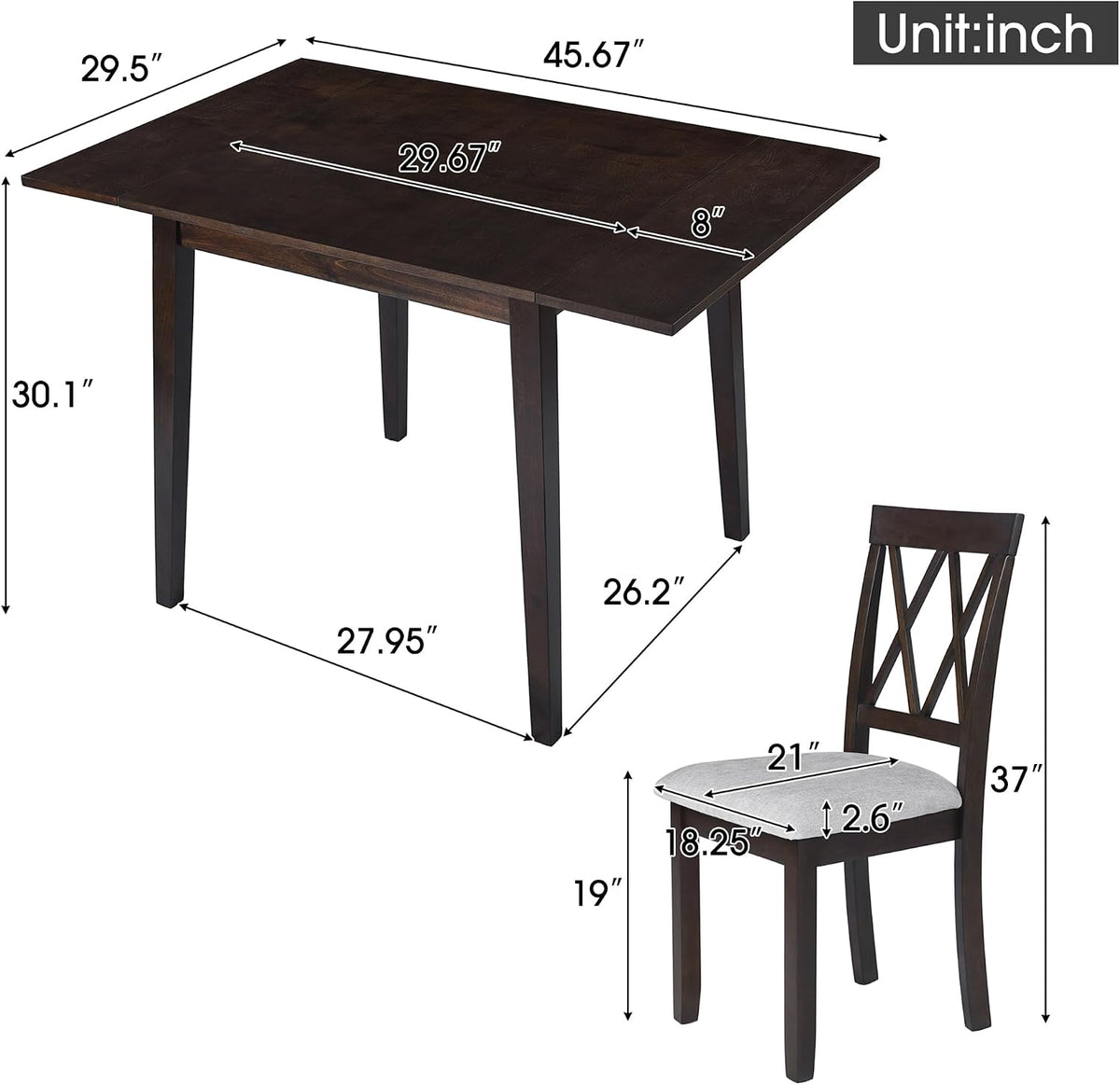 5 Piece Kitchen Dining Set with Drop Leaf, Dining Table and 4 Dining Upholstered Chairs, Dining Room Set for Small Places, Espresso
