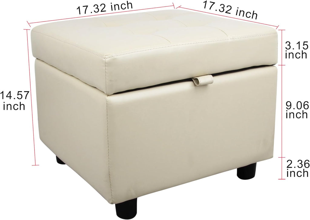 H&B Luxuries Tufted Leather Square Flip Top Storage Ottoman Cube Foot Rest (Cream with Storage)