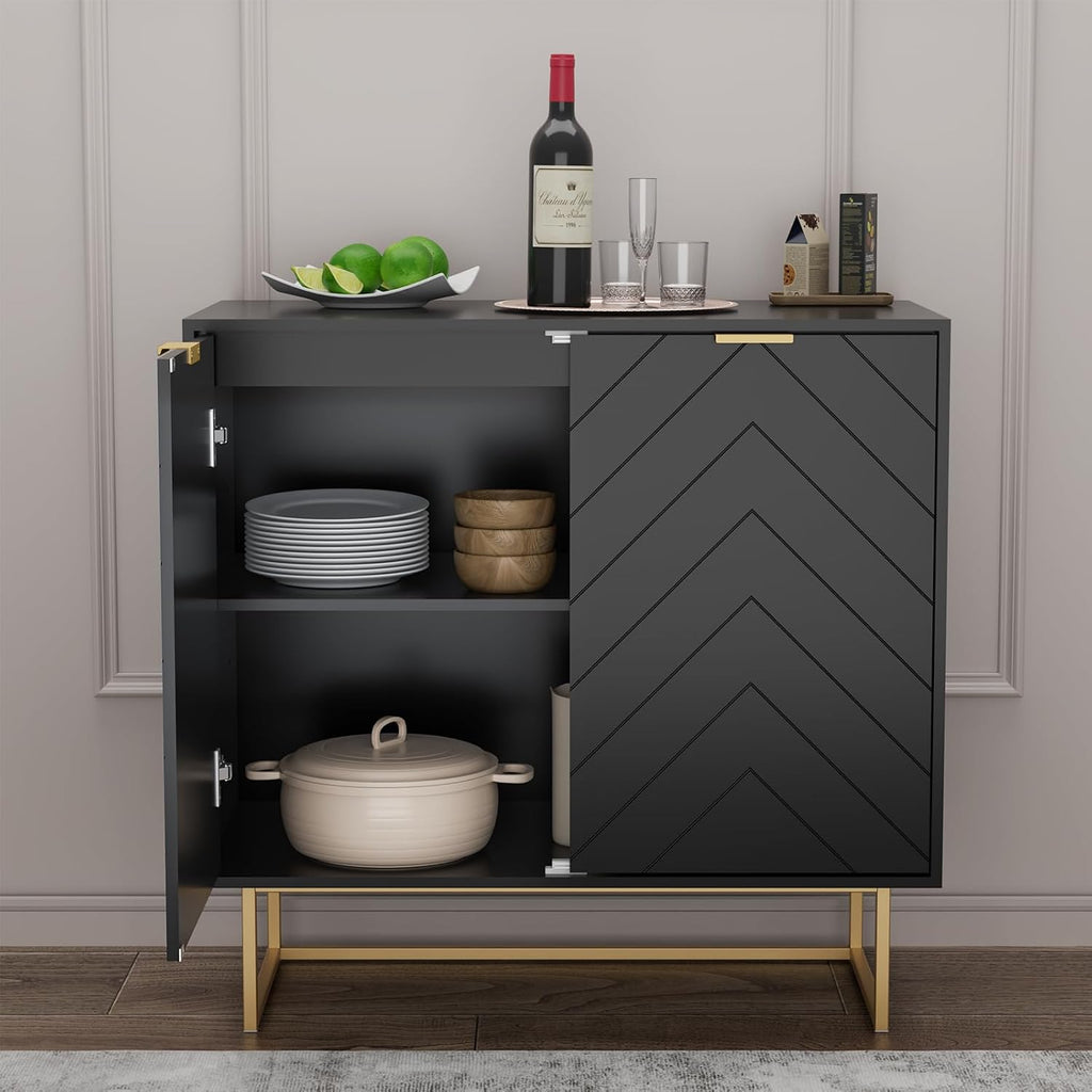Scurrty Large Sideboard, Black Storage Buffet with 6 Doors, Adjustable Shelf & Golden Legs - Accent Cabinet for Living Room & Kitchen