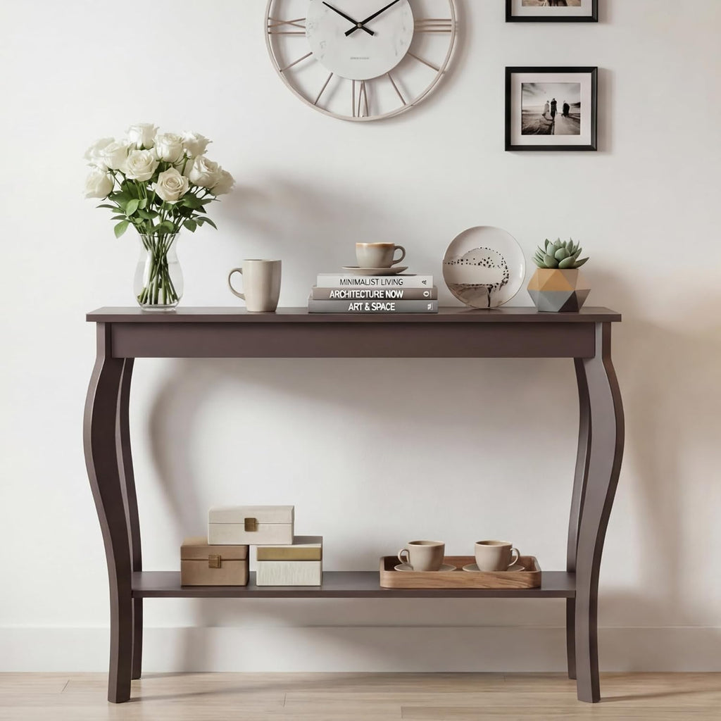 ChooChoo 39" Narrow Entryway Table with Storage Shelf, Espresso | Console Table with Curved Legs, Chic Accent Sofa Table with Shelves for Entryway, Living Room, Hallway