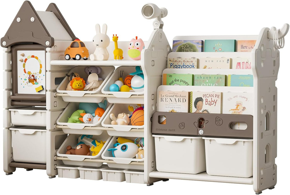 UNICOO Kids Toy Storage Organizer with Bookshelf, 14-Bin Playroom Organizer and Bookcase, HDPE Toddler Storage Shelf with Drawing Board, for Nursery, Bedroom and Playroom (Brown)