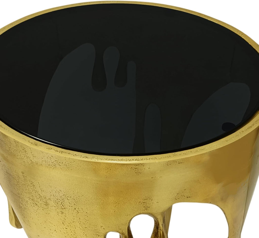 TUP THE URBAN PORT Capri Side End Table, 24.75 Inch Round Glass Top, Antique Gold Finish, Melting Drip Design Base, Modern Glam Accent Table for Living Room, Bedroom and Home Decor Display