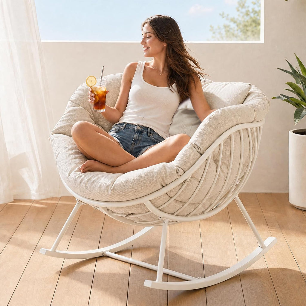 Oversized Outdoor Rocking Chair, Patio Papasan Egg Chair, Rocker Reading Lounge with Thick Cushion, Comfy Indoor Rocker Chair for Bedroom, Living Room, Porch, Poolside
