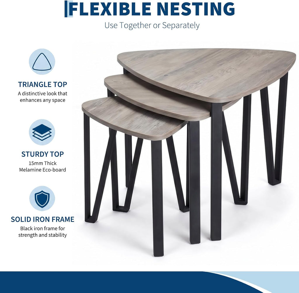 Nesting Coffee Tables Set of 3,Triangle Rustic Industrial Side End Tables for Home