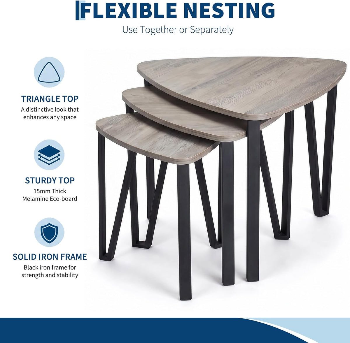 Nesting Coffee Tables Set of 3,Rustic Industrial Triangle Side End Table for Home